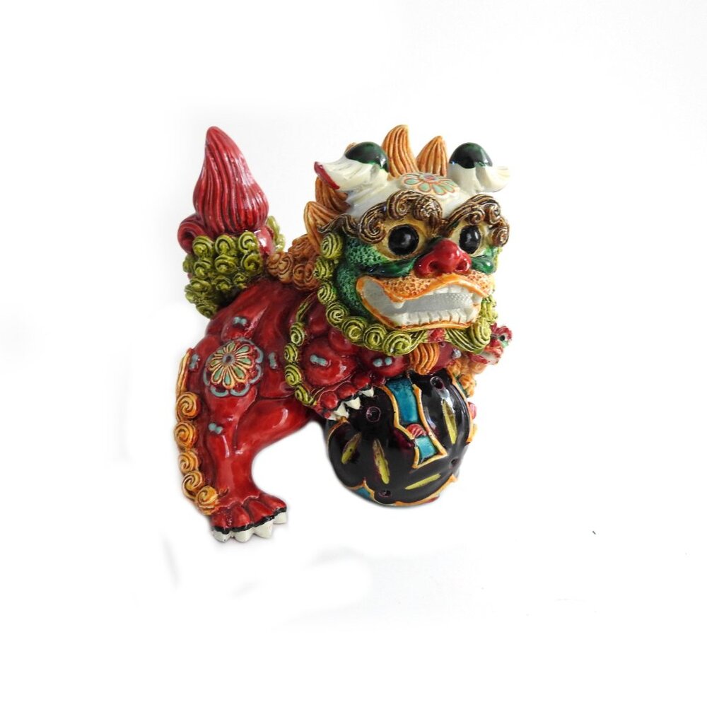Small Resin Red Foo Dog Lion Figurine Desk Shelf Decor Hand-painted Colorful